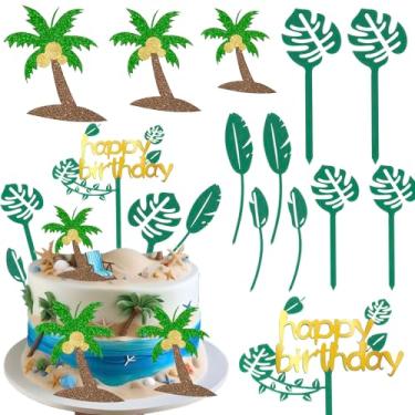 Imagem de Rsstarxi Topo de bolo de feliz aniversário com folhas de tartaruga palmeira palmeira colher de bolo tropical para o verão Havaí Aloha chá de bebê festa de feliz aniversário DIY suprimentos de