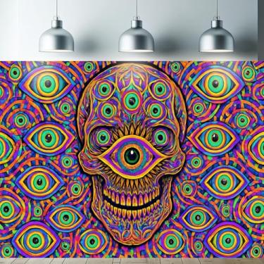 Imagem de Starlit Patio Tapeçaria de caveira olho que tudo vê luz negra UV reativa parede pendurado trippy fluorescente ilusão óptica globos oculares arco-íris para quarto dormitório sala de estar decoração