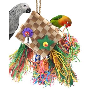 Imagem de Bissap Brinquedos de mastigar pássaros, triturador de papagaios para forrageamento de papagaio natural com frente de palmeira, brinquedo para gaiola suspensa para periquito pequeno, médio, periquito, conure, calopsita, papagaio, periquito, papagaio, periquito, papagaio, periquito,