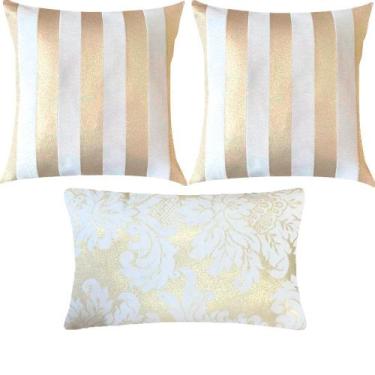Imagem de Kit 3 Almofadas Luxo Listrado e Medalhão Branco e Dourado - Sua Casa D