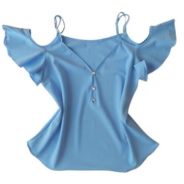 Imagem de Blusa Ciganinha Manga Curta Alça Feminina Decote V Botões Crepe Blusin