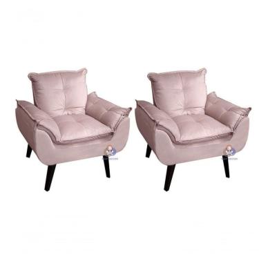 Imagem de Kit 02 Poltrona/cadeira Decorativa Glamour Veludo Rosa Nude Com Pés Quadrado Rosa Nude
