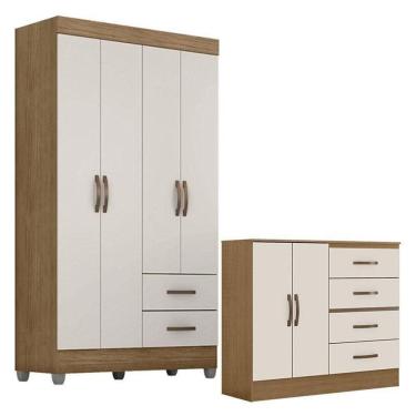 Imagem de Guarda Roupa Solteiro 4 Portas E Cômoda 4 Gavetas E 2 Portas Lite Nature Off White – Móveis Leão