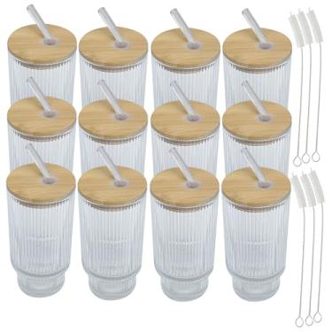 Imagem de ASMEFY Copos de bebida canelados com tampas de bambu e canudo de vidro - Copos de vidro vintage de 473 ml (12 copos + 12 canudos + 12 tampas)