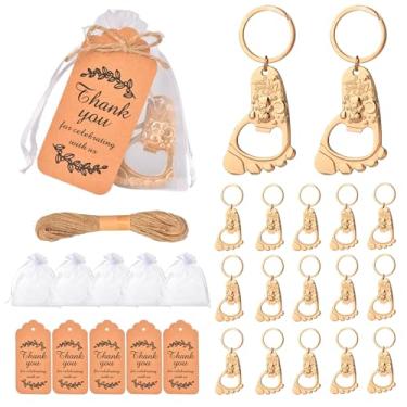Imagem de 50 peças de abridor de garrafa de pegada de urso de bebê Keycahin lembrancinha de festa de chá de bebê, presentes ou lembranças para convidados a granel com etiquetas DIY e sacos de organza branca