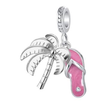 Imagem de QeenseKc Pantufa de praia de verão com pingente de palmeira compatível com pulseira Pandora feminina, Cobre, Strass