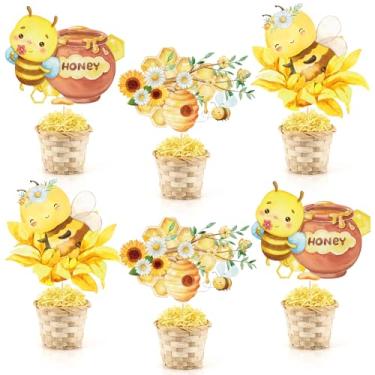 Imagem de Conjunto de 6 peças centrais de mesa de chá de mel de favo de mel com cesta de bambu Uma pequena abelha está a caminho, bem-vindo, bebê, menino, menina, revelação de gênero, festa, aniversário