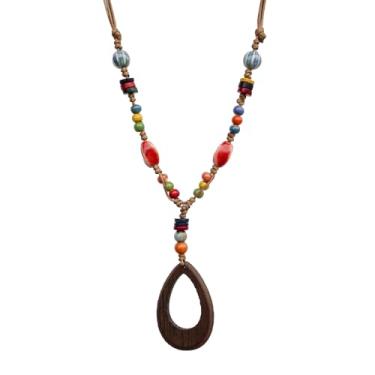 Imagem de Zlanderah Colar em Y feito à mão com contas de cerâmica coloridas Boho com pingente de madeira, colar longo hippie para mulheres na moda, joia boêmia, presente para mulheres