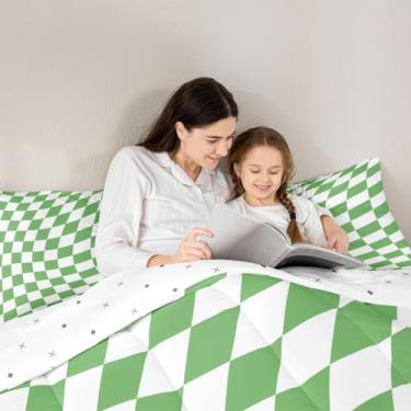 Imagem de Manfei Conjunto de edredom queen com grade verde, 3 peças, edredom quadriculado quadriculado de diamante reversível, 3 peças, edredom xadrez geométrico, 2 fronhas, sem lençol