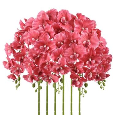 Imagem de 6 peças de orquídeas de haste longa flores artificiais de 91 cm Phalaenopsis flores artificiais de seda para festa de casamento, escritório, decoração de casa (rosa vermelha)