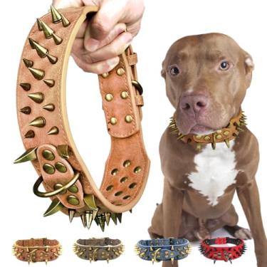Imagem de Kawagogo Coleira para cães com pontas afiadas, couro de poliuretano, protege o pescoço do cão de mordidas, serve para cães grandes e médios, Pitbull Rottweiler (marrom, G)