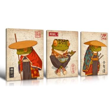 Imagem de BLINFEIRU Impressões de arte de parede em tela de sapo japonês, 3 peças, fofo, engraçado, samurai japonês, sapo, pôsteres vintage eclético, imagens de animais, decoração de parede, casa, cozinha