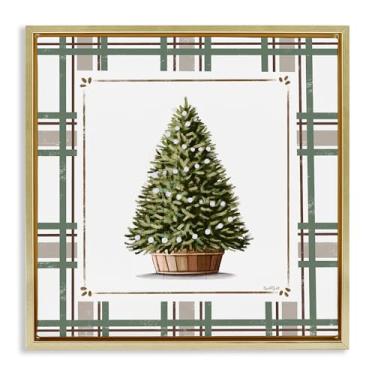 Imagem de Stupell Industries Árvore de Natal em vaso, xadrez, moldura dourada, tela flutuante, arte de parede, design de Elizabeth Tyndall, 63 x 63 cm