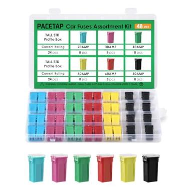 Imagem de Kit sortido de perfil alto de 48 peças - fusíveis de lâmina de carro de perfil alto em forma de caixa (20A, 30A, 40A, 50A, 60A, 80A) para caminhões, carros e SUV, barco