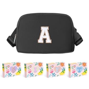 Imagem de COSHAYSOO Pochete de cintura pequena para cinto com patch de letra inicial alça ajustável para mulheres homens adolescentes menina menino corrida viagem academia caminhada, mini bolsa de viagem transversal moderna bolsa preppy bolsa preta, A, Small, Preppy