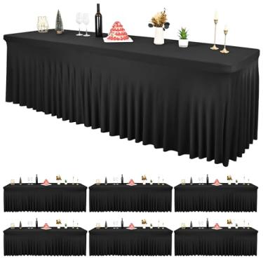 Imagem de Pacote com 6 roupas de mesa pretas de elastano para mesas retangulares de 2,3 m, capa de mesa resistente a amassados, saias de mesa elásticas laváveis para casamentos, festas, banquetes, festivais de