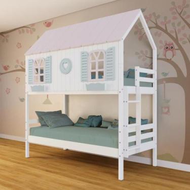 Imagem de Beliche Casinha Bela com Coração - Madeira Maciça Branco/Rosa/Verde  M