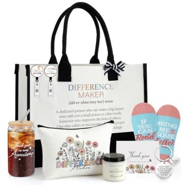 Imagem de Skylety Conjunto de 9 peças para presente para mulheres, trapézio, supermercado, lona, sacola com alça, frasco de vidro, copo perfumado, vela perfumada, carretel, meias, presente de agradecimento