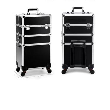 Imagem de SCIKHEFT Mala de maquiagem com rodinhas de 2 camadas, carrinho de trem cosmético grande profissional com rodas alumínio preto (3 camadas, preto)