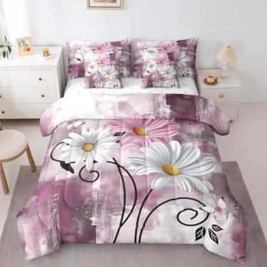 Imagem de Conjunto de cama com estampa de margarida rosa e cinza, 7 peças, rústico, campo, fazenda, floral, Queen, em um saco, borboleta fofa decorativa para decoração de quarto, arte abstrata, vintage