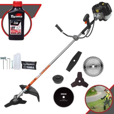 Imagem de Roçadeira Multifuncional Terra GRH-430 À Gasolina 43cc 1,7HP 6.500rpm Com Carretel de Nylon + Kit 4 Lâminas de Corte + ÓLEO TOYAMA FG50 2 Tempos