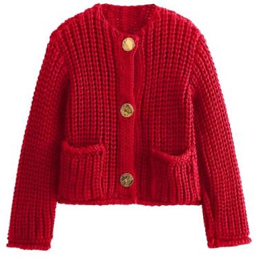 Imagem de Suéter de cardigã Flygo Cropped Cable Knit Open Front Red