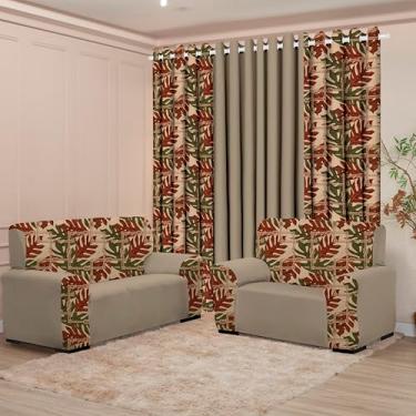Imagem de Kit Sala com Cortina + Capas de Sofá 2 e 3 Lugares Coladinha Mista (FOLHA DE OUTONO AVELA)