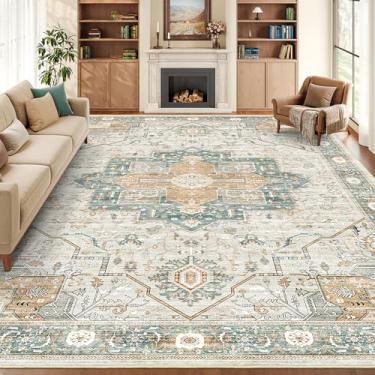 Imagem de Roxstand Tapetes de área 20 x 25 cm para sala de estar, tapete lavável vintage com suporte antiderrapante, resistente a manchas para sala de jantar, tapetes macios para quarto (verde/cinza claro, 20 x