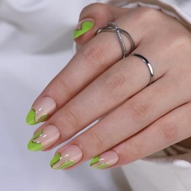 Imagem de RTKHFZE Press On Nails Amêndoa - Design curto de ponta francesa com folha dourada, cola para mulheres, ajuste natural reutilizável em 16 tamanhos - Kit de 32 unhas postiças de gel