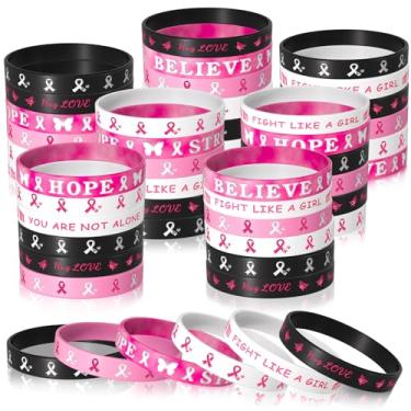 Imagem de ANPUNAT 48 pulseiras de silicone com fita rosa para conscientização do câncer de mama, suporte à fé, esperança, força, pulseira de silicone para mulheres, designs de câncer de mama, eventos, artigos