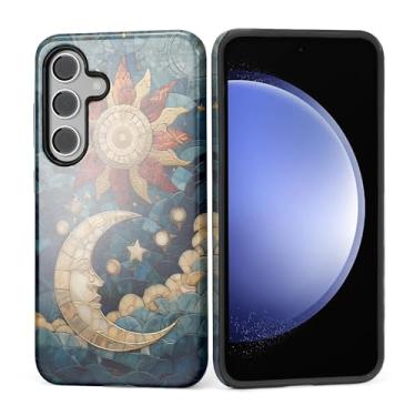 Imagem de Kapadiy Capa para Samsung Galaxy S24, Sun Moon Stars Faux Vitral Design Hybrid Dual Protection Silicone Hard PC à prova de choque, capa protetora antiarranhões para homens e mulheres
