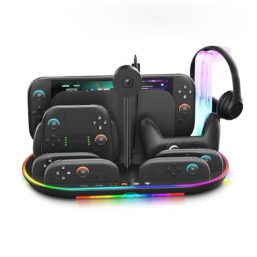Imagem de Estação de carregamento para Switch 2 com ventilador de resfriamento DOBEWINGDELOU Carregador controlador para JoyCons e Pro Dock Stand com luz RGB 2 portas USB 7 slots de cartão de jogo indicadores
