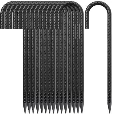 Imagem de Estacas de vergalhão de 30,5 cm J Hook Ground Stakes, pacote com 16 estacas de metal para barracas, kits de posição, cercas e trampolins (30 cm em forma de J - preto)