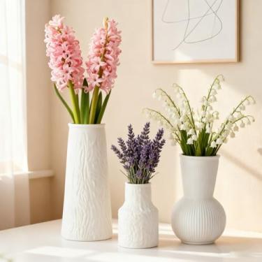 Imagem de Conjunto de 3 vasos de cerâmica branca, vasos decorativos para casa, decoração rústica de casa de fazenda, para sua cozinha, quarto, escritório, sala de estar, banheiro e prateleira decoração de mesa