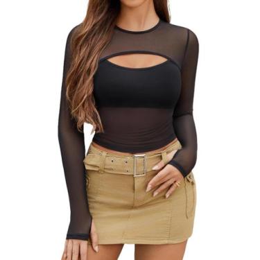 Imagem de Camisa Avidlove Mesh de manga comprida Crop Top preta XXL