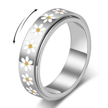 Imagem de Sfloemm Anel Daisy Fidget para alívio da ansiedade – Anel giratório banhado a ouro 18K para alívio do estresse, anel de flor de aço inoxidável para mulheres, presente atencioso para aniversário, dia