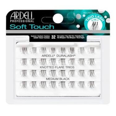 Imagem de Cílios Postiços Trio Flare c/Nó Preto Médio, Pacote com 32 Trios Individuais, Fios Macios e Naturais, Efeito Volumoso