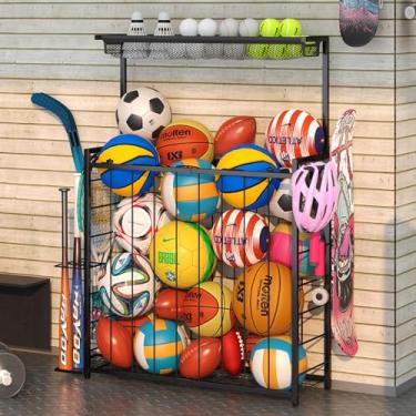 Imagem de Organizador de equipamentos esportivos, grande suporte de bolas de armazenamento de garagem com tiras elásticas e 3 ganchos, suporte organizador de brinquedos ao ar livre, rack de armazenamento de