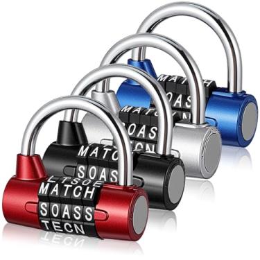Imagem de 4 peças, cadeado de combinação de 5 letras, cadeado de metal reinicializável sem chave para fechaduras de porta domésticas ao ar livre, caixa de ferramentas, armário de ferrolho preto, prata, vermelho