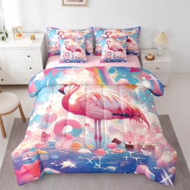 Imagem de Erosebridal Jogo de cama queen com flamingo rosa para meninas, 7 peças, sobremesa, sorvete, donut, conjunto de cama de pássaro tropical com elástico + lençol de cima + 2 fronhas + 2 fronhas
