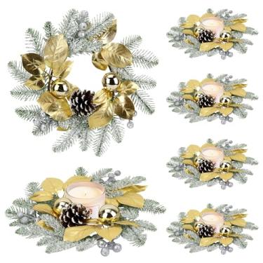 Imagem de Guirlandas de anéis de vela de Natal, guirlandas pequenas de 8,9 cm para armário de cozinha com bolas, pinhas, agulhas de pinheiro e frutas silvestres para decoração de mesa de Natal em casa (6, ouro)