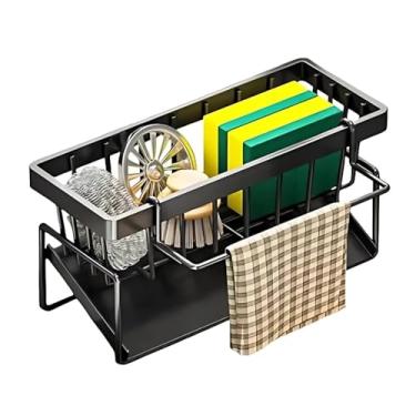 Imagem de Suporte Organizador de Pia em Aço Carbono Preto | Porta Esponja, Sabão e Pano com Bandeja Antiferrugem | Instalação Sem Furos, Design Moderno e Compacto para Cozinha