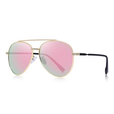 Imagem de Design masculino feminino clássico retrô rebite óculos de sol polarizados TR90 pernas design mais leve armação oval UV400, Armação dourada/lente espelhada rosa, Lens Width: 51 Millimeters