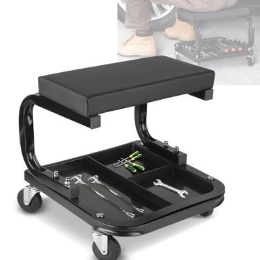 Imagem de 36 x 37 x 37CM, Banco Mecânico com Rodas Cadeira de Acolchoada, Banqueta para Mecânico Rodas Preto Tools, Banqueta para Mecânico Profissional Assento Giratório