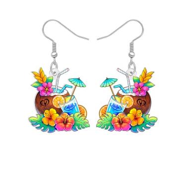 Imagem de Brincos pendentes de praia tropical havaiana, festa de luau de verão com boia de caranguejo, prancha de surf, palmeira, bebida de coco, designs de anel de natação arco-íris de concha, pingente de