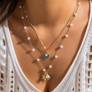 Imagem de Conjunto de 2 peças/conjunto boêmio com pingente de corrente estilo oceano para mulheres, verão, praia, férias, gargantilha de pérolas falsas, colar ajustável, multicamadas, joias encantadoras