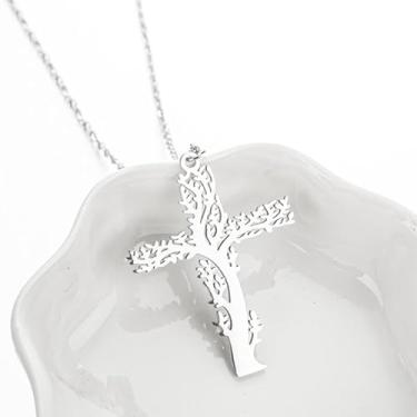 Imagem de Colar de cruz de árvore da vida de prata, joia com pingente de aço inoxidável, colar de fé religiosa para uso diário e presente, one size, Aço inoxidável, Sem Pedra Preciosa