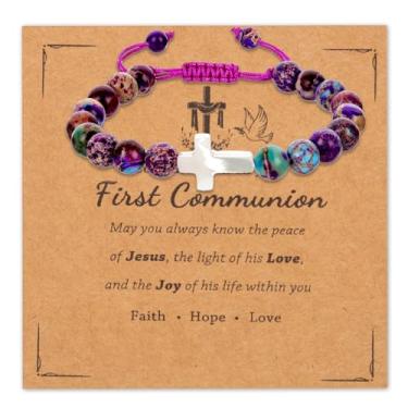 Imagem de Pulseira de contas cruzadas para mulheres, joias de 0,31 polegadas, contas de 8 mm, presentes inspiradores, presentes de primeira comunhão, presentes cristãos para aniversário, comunhão (roxo)