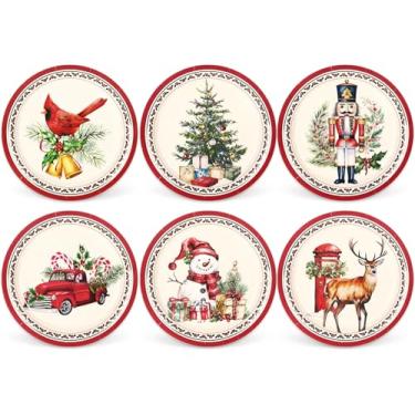 Imagem de Whaline Pratos de papel de Natal, boneco de neve, quebra-nozes, pratos descartáveis cardeais, 6 designs de pratos de jantar retrô, 22 cm para decoração de mesa, 24 peças