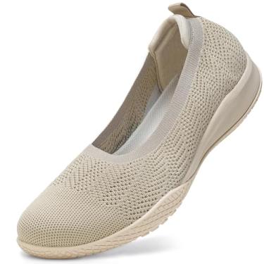 Imagem de LEDINEY Sapatilhas femininas sem cadarço para caminhada confortável tênis de tricotar salto baixo elegante tênis de balé Zapatos para mulheres, Bege, 35